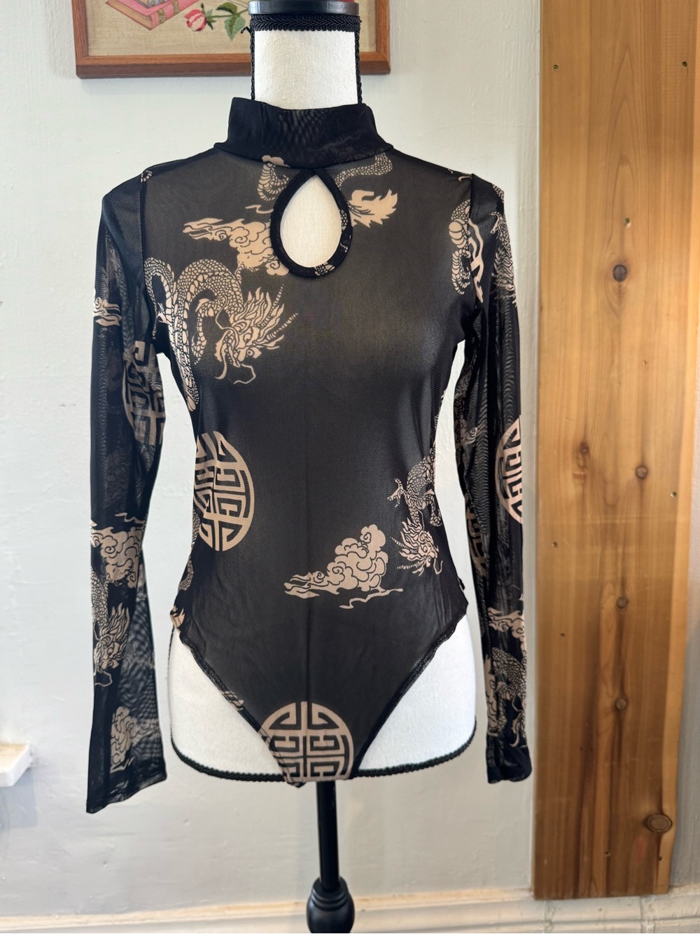 Fashion Nova Mesh Dragon Print Long-Sleeve Bodysuit